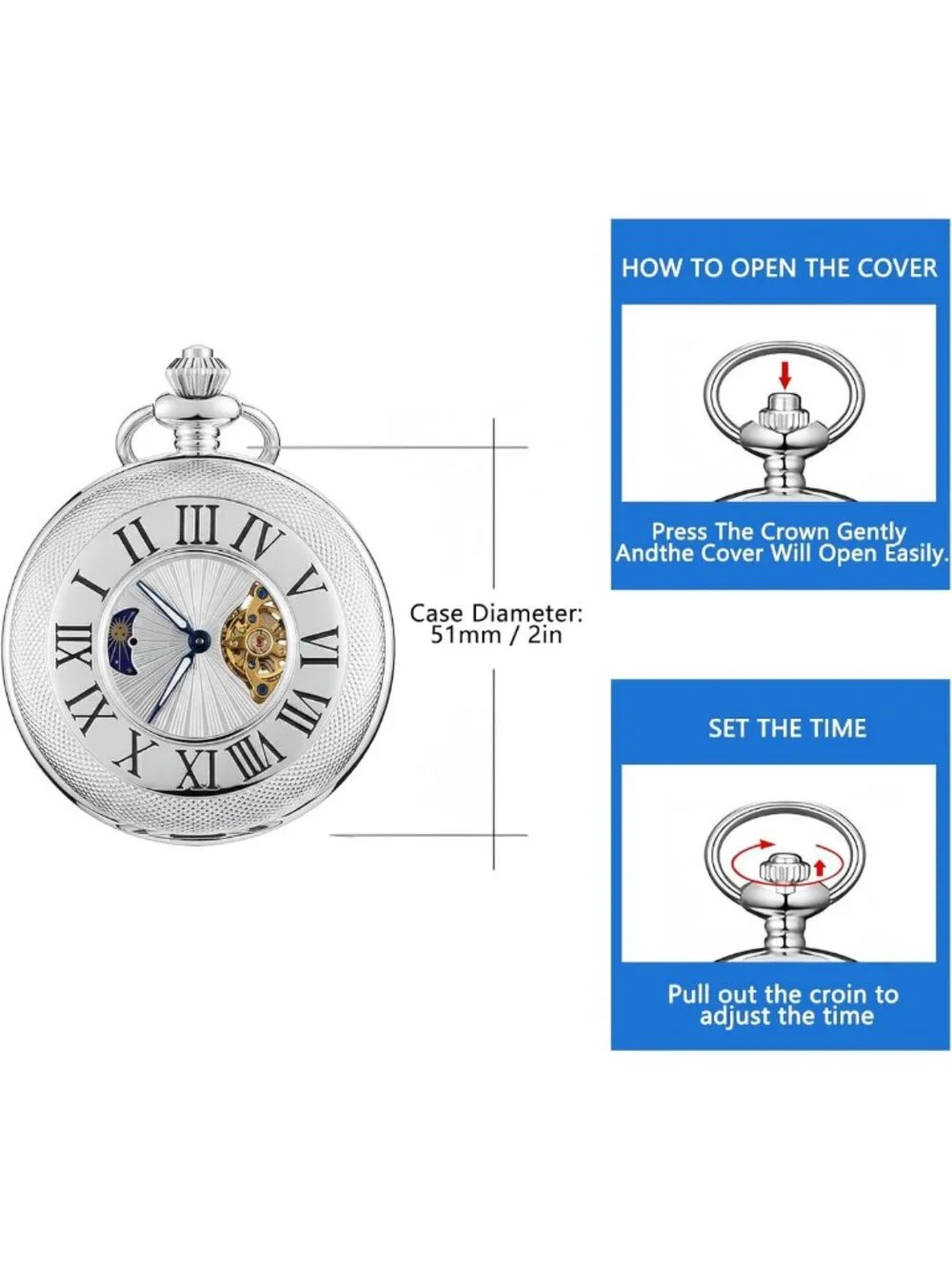 Vintage Mechanical Pocket Watch for Men - Moon Phase, Skeleton Face, Antique